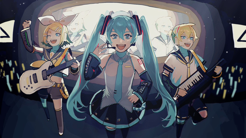 1boy 2girls arm_up bangs bass_clef black_shorts black_sleeves blonde_hair blue_eyes blue_hair boots bow concert crop_top detached_sleeves flipped_hair glowstick guitar hair_between_eyes hair_bow hand_on_hip hand_up hatsune_miku headset highres holding holding_instrument instrument kagamine_len kagamine_rin keyboard_(instrument) keytar leg_warmers long_hair looking_at_viewer microphone midriff multiple_girls music neckerchief necktie nunosei one_eye_closed open_mouth parted_bangs playing_instrument sailor_collar sailor_shirt shirt short_hair short_ponytail short_shorts shorts smile stage standing standing_on_one_leg teeth thigh_boots treble_clef twintails upper_teeth very_long_hair vocaloid white_bow white_shirt wotagei yellow_neckerchief yellow_necktie