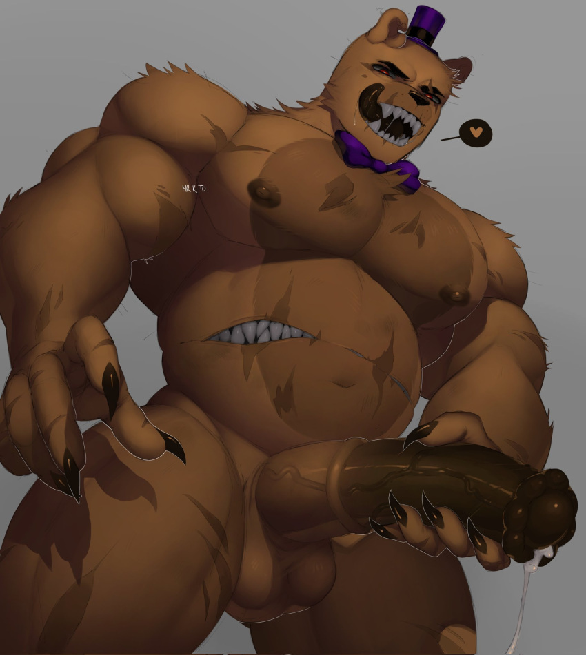 &lt;3 2022 animal_genitalia animal_penis anthro balls biceps bodily_fluids bow_tie claws clothing cum cum_drip dripping equine_penis finger_claws five_nights_at_freddy's five_nights_at_freddy's_4 frown genital_fluids genitals glowing glowing_eyes grey_background hat headgear headwear hi_res holding_penis kato200_0 male mammal navel nightmare_fredbear_(fnaf) nipples open_mouth pecs penis saliva saliva_drip saliva_string scar scottgames sharp_teeth signature simple_background solo stomach_mouth teeth throbbing tongue tongue_out top_hat ursid vein video_games