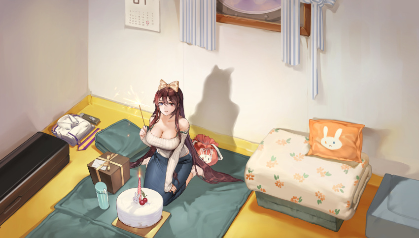 1girl animal_print bare_shoulders blue_curtain blue_eyes blue_skirt bow box bra bra_strap breasts brown_hair bunny_print cake calendar_(object) candle candlelight cleavage collarbone cropped_sweater curtains dog_tags fireworks floral_print folded_clothes food full_body futon game_cg gift gift_box green_bra hair_between_eyes hair_bow hair_ribbon hand_on_own_thigh headband heart heterochromia highres holding_fireworks huge_breasts indoors last_origin letter long_hair long_skirt long_sleeves looking_at_viewer military military_uniform off-shoulder_sweater off_shoulder official_alternate_costume official_art open_bag open_mouth pencil_skirt pillow porthole red_eyes ribbed_sweater ribbon rorobomb seiza shadow sitting skirt smile socks solo sparkler strap_slip sweater tachi-e thermos underwear uniform valkyrie_(last_origin) very_long_hair weapon_case white_curtains white_socks white_uniform window yellow_ribbon