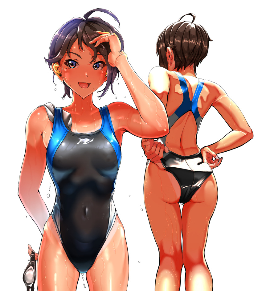 1girl adjusting_clothes adjusting_swimsuit ahoge ass back_cutout bangs black_hair black_one-piece_swimsuit blue_eyes clothing_cutout commentary_request competition_swimsuit covered_navel cowboy_shot goggles goggles_removed hand_in_own_hair highleg highleg_swimsuit highres holding holding_goggles kilesha logo looking_at_viewer mole mole_under_eye multiple_views one-piece_swimsuit original short_hair simple_background smile standing swept_bangs swim_cap swim_cap_removed swimsuit tan tanlines water_drop wet wet_hair white_background