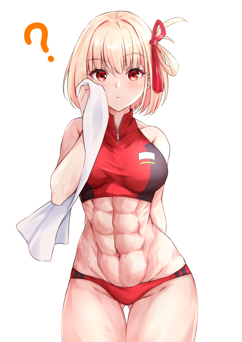 1girl ? abs absurdres blonde_hair buruma hair_ribbon highres looking_at_viewer lycoris_recoil muscular muscular_female nishikigi_chisato red_eyes ribbon shiraiwa_usagi short_hair solo sports_bikini sweat towel track_and_field white_background wiping_sweat