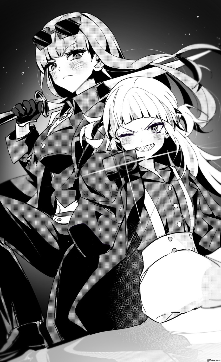 2girls belt breasts cleavage closed_mouth eyelashes eyewear_on_head formal gawr_gura glint gloves greyscale gun half_gloves highres holding holding_gun holding_sword holding_weapon hololive hololive_english katana kimuouoo long_hair looking_at_viewer monochrome mori_calliope multicolored_hair multiple_girls navel one_eye_closed over_shoulder pointing_gun pointing_weapon q_(hololive) sharp_teeth short_twintails sleeves_past_fingers sleeves_past_wrists streaked_hair suit sunglasses sword sword_over_shoulder teeth twintails twitter_username v-shaped_eyebrows virtual_youtuber weapon weapon_over_shoulder