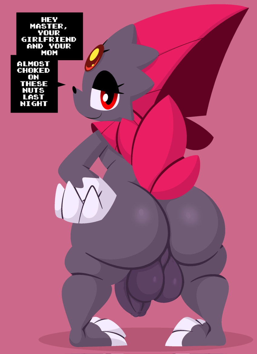 anthro balls big_balls big_butt black_pupils butt claws ekkokenight english_text feathers flaccid forehead_gem generation_4_pokemon genitals gloves_(marking) grey_body hi_res huge_butt looking_at_viewer looking_back male markings nintendo nude penis perineum pokemon pokemon_(species) pupils red_eyes smile solo speech_bubble text thick_thighs video_games weavile wide_hips