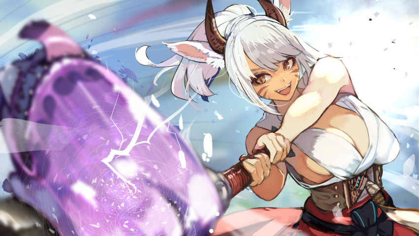 1girl animal_ears avatar_(ff14) bangs blurry blurry_foreground breasts cat_ears cleavage facial_mark final_fantasy final_fantasy_xiv hide_(hideout) highres horns large_breasts long_hair miqo'te motion_blur net open_mouth ponytail sleeveless solo upper_body whisker_markings white_hair