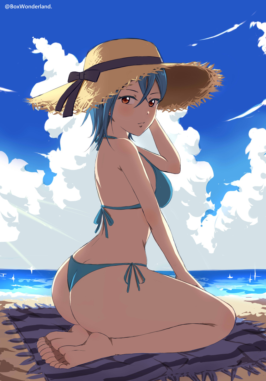 1girl absurdres angel_gabriel. ass barefoot beach beach_towel bikini blue_bikini blue_hair blue_sky breasts closed_mouth full_body halterneck hat highres love_live! love_live!_superstar!! medium_breasts red_eyes seiza short_hair side-tie_bikini sitting sky soles solo straw_hat swimsuit thighs towel wakana_shiki
