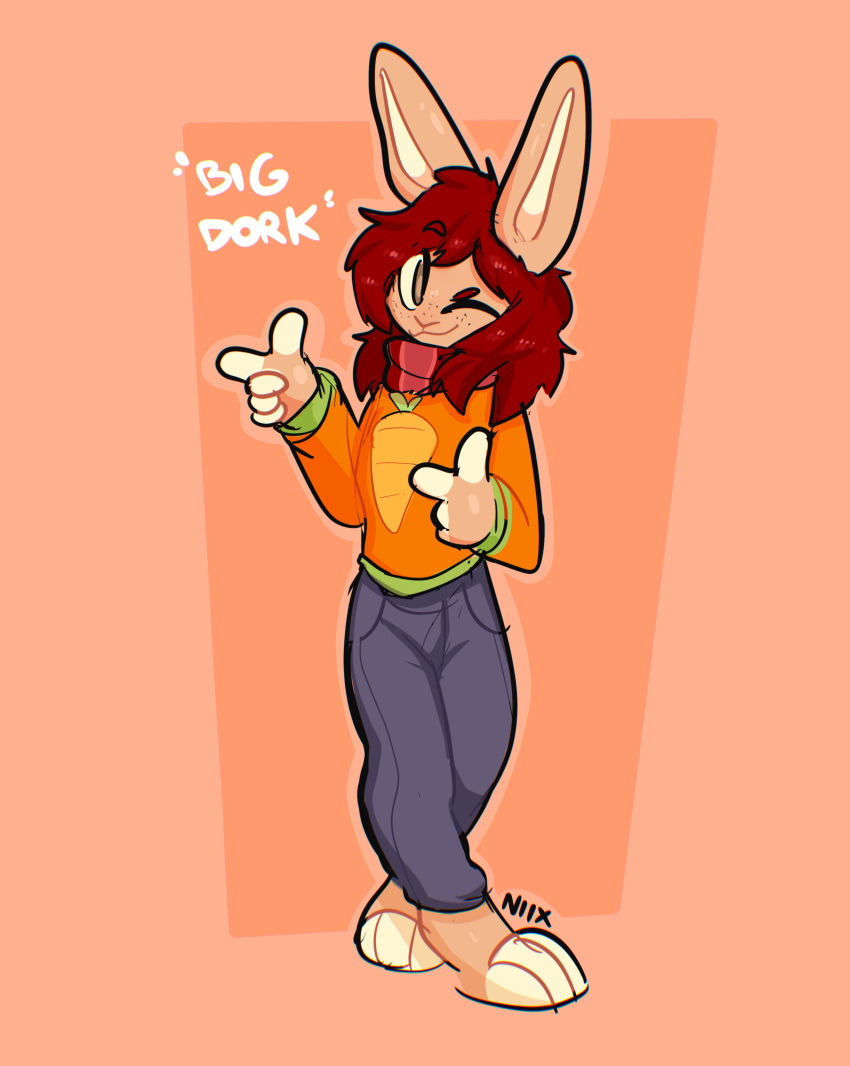 3_toes absurd_res anthro bottomwear brown_body brown_fur clothing denim denim_clothing english_text feet fingerguns fur hi_res jeans lagomorph leporid male mammal multicolored_body multicolored_fur one_eye_closed orange_background pants rabbit scarf simple_background smile solo sweater tan_body tan_fur text the_xing1 toes topwear two_tone_body two_tone_fur wide_eyed wink