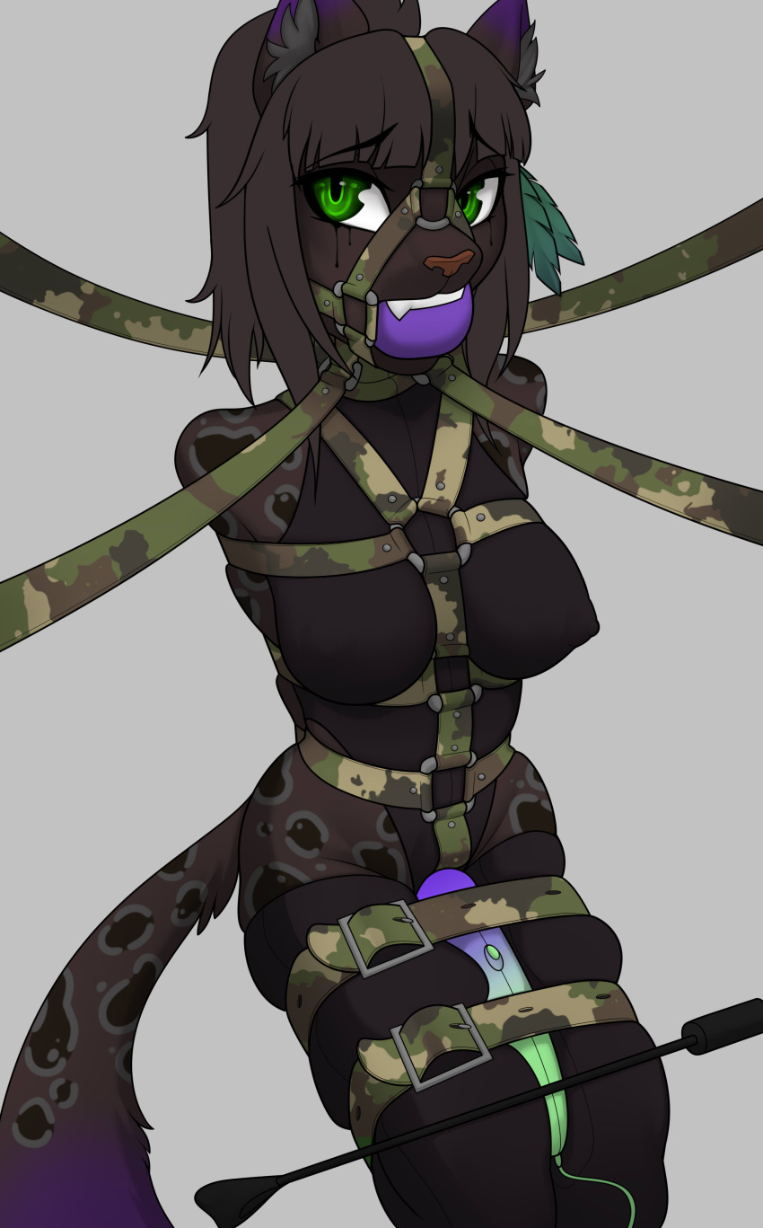 2022 absurd_res anthro arms_tied ball_gag bdsm biped bondage bound breasts brown_hair camo camo_print felid feline female fur gag gagged green_eyes hair hands_behind_back harness harness_ball_gag harness_gag hi_res legs_tied mammal moddish muzzle_(object) purple_ball_gag sex_toy simple_background solo spots spotted_body spotted_fur submissive submissive_anthro submissive_female vibrator
