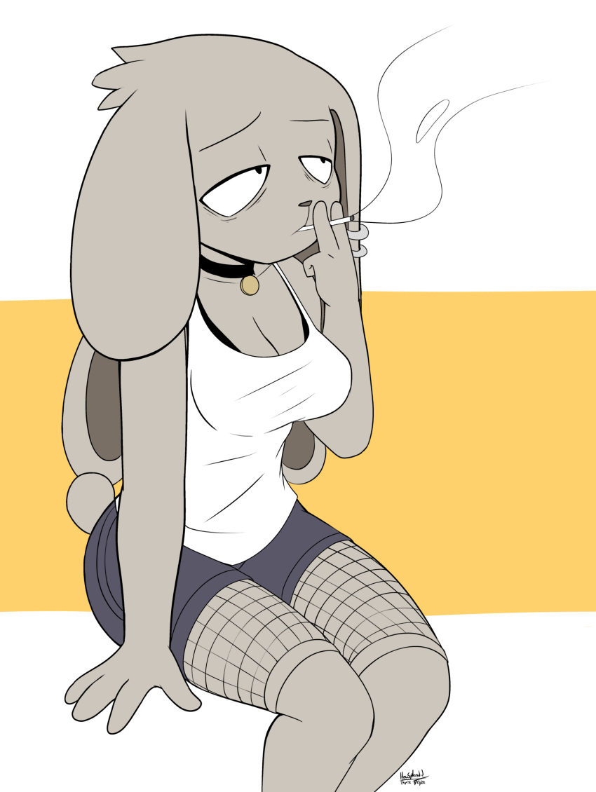 2022 absurd_res anthro bottomwear breasts canela_(inker_comics) choker cigarette cleavage clothed clothing domestic_rabbit female fishnet fishnet_legwear floppy_ears hi_res howsplendid jewelry lagomorph legwear leporid lop_ears lop_rabbit mammal necklace oryctolagus rabbit shorts smoking solo tired