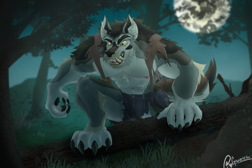 after_transformation anthro canid canine canis clothing forest forest_background full_moon gigabytefox hi_res male mammal moon nature nature_background plant solo torn_clothing tree were werecanid werecanine werewolf wolf