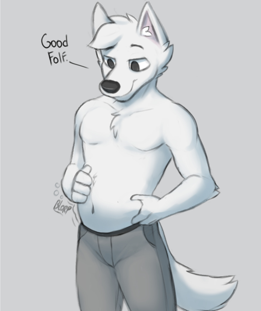 after_vore anthro belly bottomwear canid canine canis clothing dialogue digestion fatal_vore fur hand_on_stomach hi_res hybrid male mammal navel pants solo vore white_body white_fur wolfdog wolfyvero wonivero