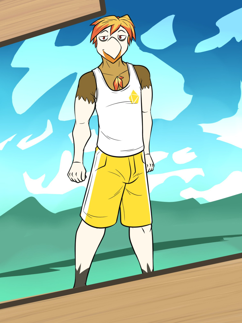 anthro anthrofied bottomwear clothed clothing dartrix fully_clothed fuze generation_7_pokemon hi_res male nintendo pokemon pokemon_(species) pokemorph shirt shorts solo tank_top topwear video_games