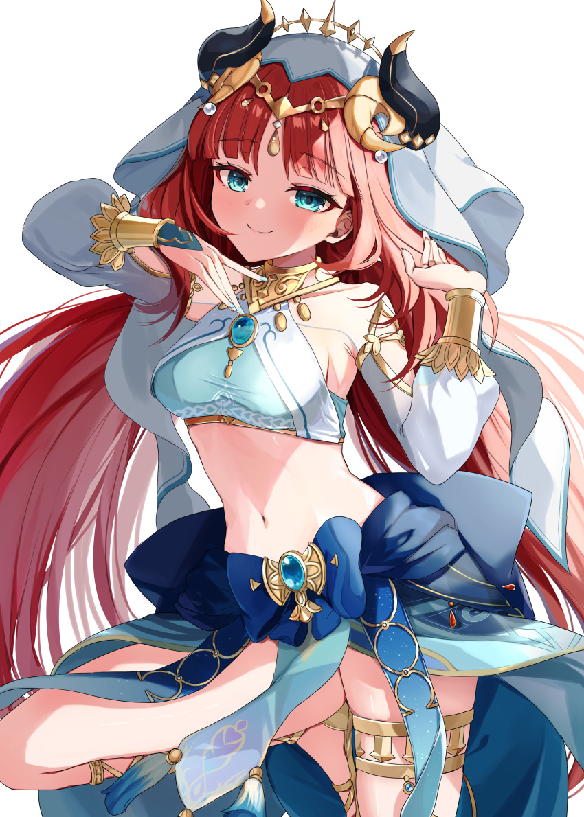 1girl absurdres bangs bare_shoulders blue_eyes blunt_bangs bow bowtie breasts forehead_jewel genshin_impact harem_outfit highres horns ineka_ka long_sleeves low_twintails midriff navel nilou_(genshin_impact) puffy_long_sleeves puffy_sleeves red_hair simple_background skirt smile twintails vambraces veil white_background