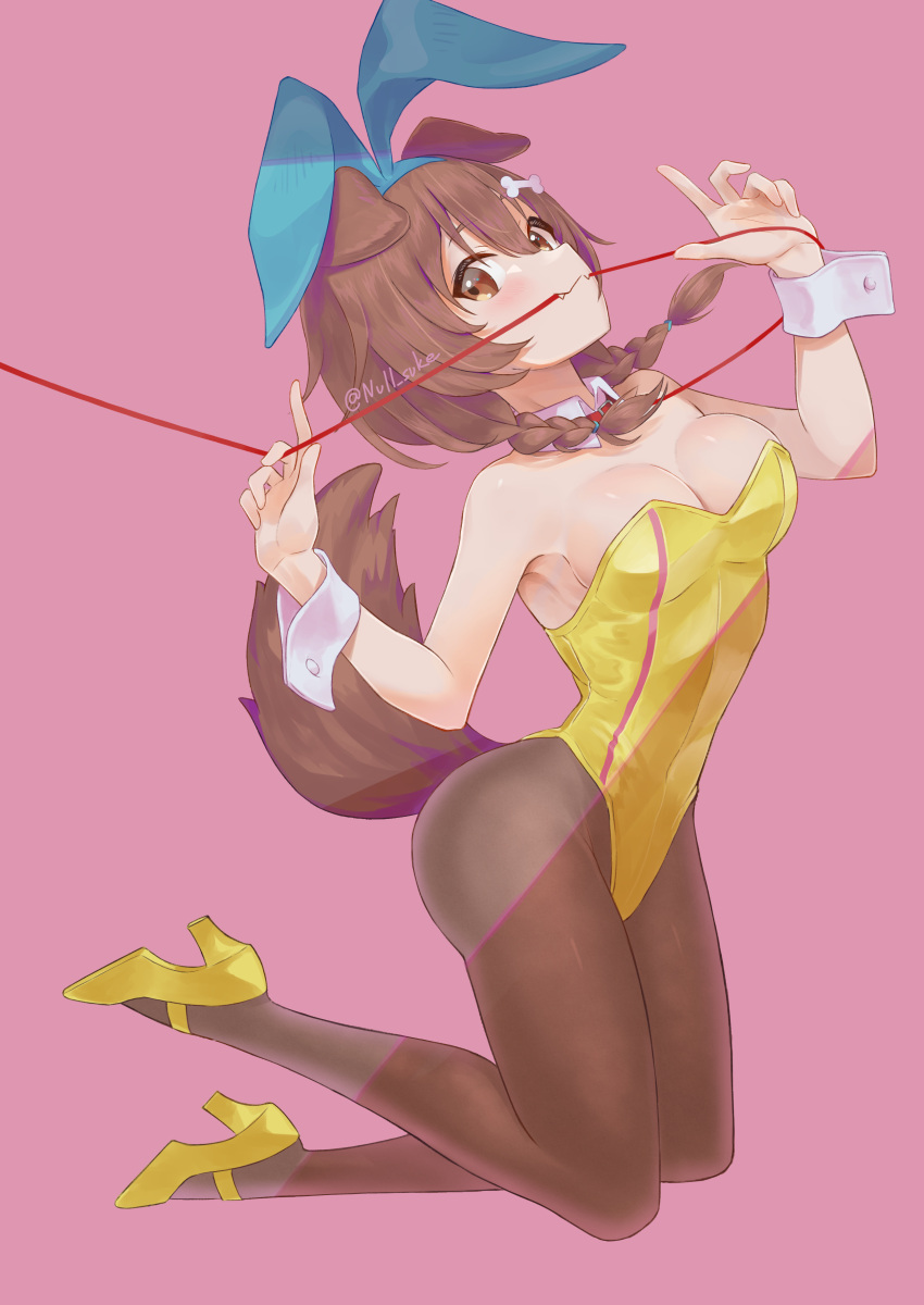 1girl absurdres animal_ears artist_name ass bare_arms bare_shoulders bone_hair_ornament braid breasts brown_eyes brown_hair brown_pantyhose bunny_day closed_mouth collarbone commentary_request detached_collar dog_ears dog_girl dog_tail fake_animal_ears fangs full_body hair_between_eyes hair_ornament high_heels highleg highleg_leotard highres hololive inugami_korone kneeling knees_together_feet_apart leash leotard long_hair looking_at_viewer low_twintails medium_breasts null_suke pantyhose pink_background playboy_bunny simple_background solo strapless strapless_leotard tail tail_raised thighs twin_braids twintails virtual_youtuber wrist_cuffs yellow_footwear yellow_leotard