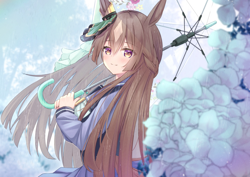 1girl animal_ears aonu_koru bangs blonde_hair blush braid brown_hair ear_ornament flower half_updo highres holding holding_umbrella horse_ears horse_girl hydrangea long_hair long_sleeves looking_at_viewer multicolored_hair outdoors purple_eyes rain satono_diamond_(umamusume) school_uniform smile solo tracen_school_uniform transparent transparent_umbrella two-tone_hair umamusume umbrella very_long_hair