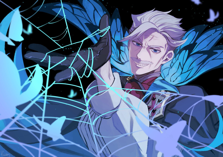 1boy black_background black_gloves blue_butterfly blue_eyes blue_wings bug butterfly butterfly_wings cheekbones fate/grand_order fate_(series) gloves grey_hair grin highres james_moriarty_(fate) kimidorix32 male_focus old old_man sideburns silk smile solo spider_web upper_body white_hair wings