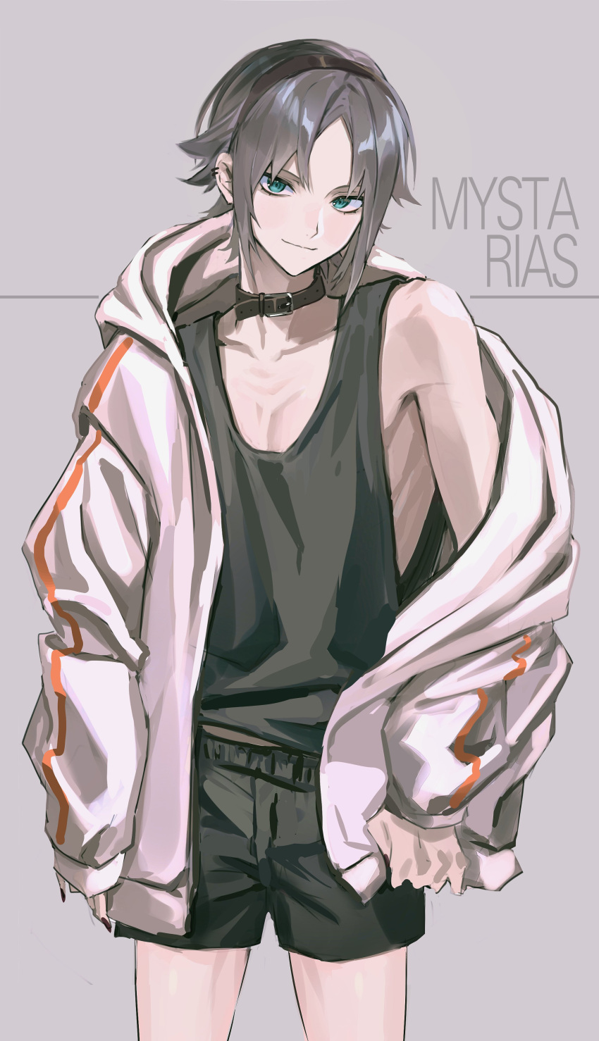 1boy absurdres akira_(nupekwa) bangs bare_shoulders belt_collar bishounen black_shorts blue_eyes collar grey_background grey_hair highres hood hoodie indie_virtual_youtuber jacket long_sleeves looking_at_viewer male_focus mysta_rias nijisanji nijisanji_en short_hair shorts simple_background smile tank_top virtual_youtuber white_hoodie