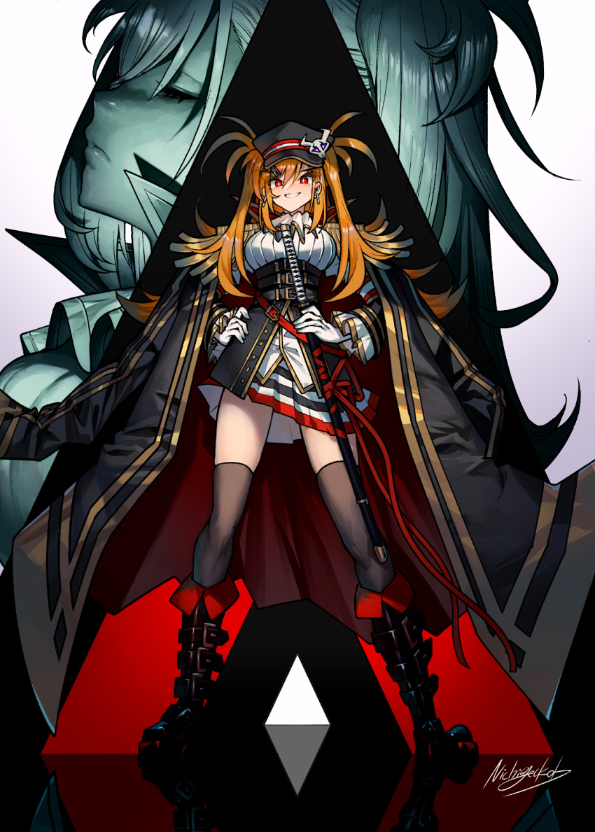 1girl boots hat highres jacket jacket_on_shoulders katana long_hair military military_uniform nichigeckoh orange_hair original parody peaked_cap red_eyes sheath sheathed slit_pupils smile solo sword thighhighs uniform weapon