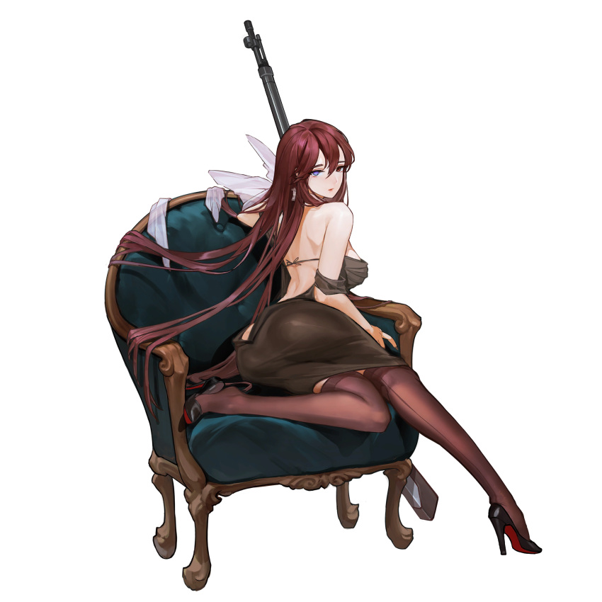 1girl ass back-seamed_legwear backless_outfit bare_back black_dress black_footwear blue_eyes brown_thighhighs chair dress easy_chair from_behind full_body game_cg gun heterochromia high_heels highres last_origin long_hair looking_at_viewer looking_back official_alternate_costume official_art red_eyes red_hair rifle rorobomb seamed_legwear sitting sitting_sideways solo tachi-e thighhighs transparent_background valkyrie_(last_origin) very_long_hair weapon
