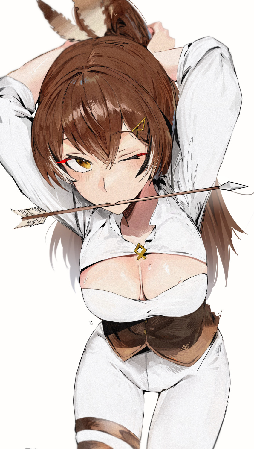 1girl absurdres ahoge arrow_(projectile) arrow_in_mouth bangs brown_corset brown_eyes brown_hair cleavage_cutout clothing_cutout colored_eyelashes corset feather_hair_ornament feathers hair_ornament hairclip highres hololive hololive_english long_hair looking_at_viewer mouth_hold multicolored_hair nanashi_mumei odyssey_21 one_eye_closed pants ponytail shirt streaked_hair thigh_strap tying_hair very_long_hair virtual_youtuber white_pants white_shirt