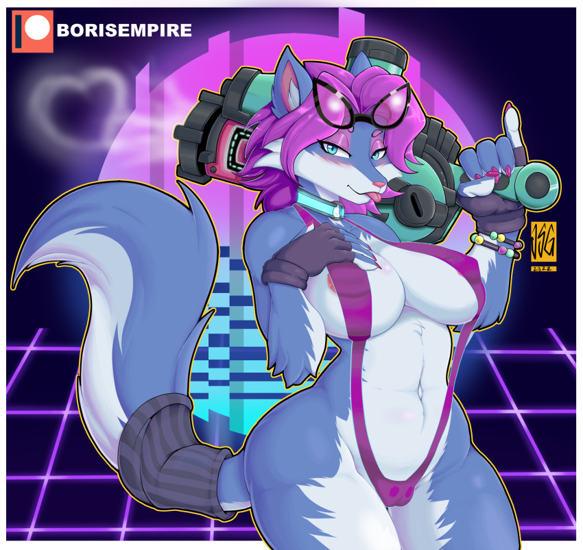 anthro areola areola_slip big_breasts blue_body blue_fur breasts canid canine choker clothing eyewear eyewear_on_head female fingerless_gloves fox fur gloves hair half-closed_eyes handwear hi_res jewelry looking_at_viewer mammal meltgar narrowed_eyes necklace neon paladins pepper_(paladins) pink_hair solo sunglasses sunglasses_on_head swimwear synthwave thick_thighs tongue tongue_out weapon