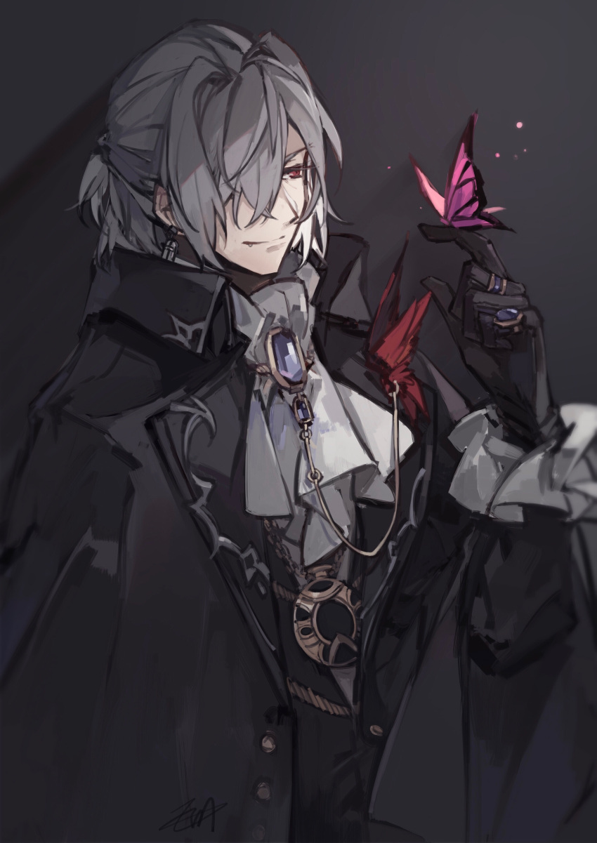 1boy absurdres antonio_salieri_(fate) antonio_salieri_(masquerade_of_the_vampire)_(fate) antonio_salieri_(second_ascension)_(fate) arm_up ascot black_gloves brooch bug butterfly butterfly_on_hand closed_mouth earrings erm_(doubledream) fang fang_out fate/grand_order fate_(series) frilled_sleeves frills gloves grey_hair hair_intakes hair_over_one_eye half_updo highres jewelry long_sleeves male_focus official_alternate_costume pendant_watch red_eyes ring short_hair smile solo white_ascot