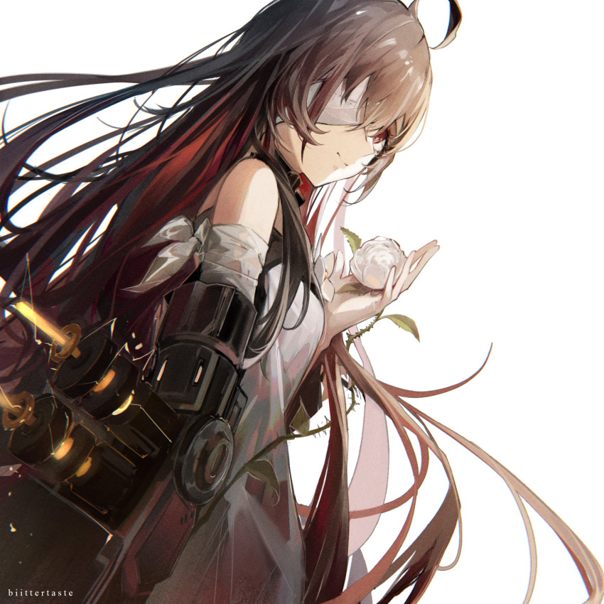 1girl ahoge alchemy_stars artist_name bandaged_arm bandages bangs biittertaste brown_hair closed_mouth colored_inner_hair dress eve_(alchemy_stars) eyepatch flower hand_up highres holding holding_flower long_hair looking_at_viewer looking_to_the_side mechanical_arms multicolored_hair prosthesis prosthetic_arm red_eyes rose single_mechanical_arm sleeveless sleeveless_dress smile solo upper_body very_long_hair white_background white_dress white_flower white_rose