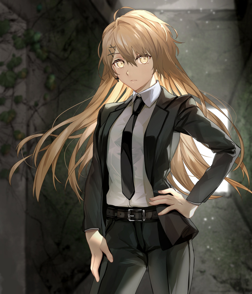 1girl absurdres alternate_costume belt collared_shirt commission cowboy_shot dress_shirt expressionless formal girls'_frontline hand_on_hip highres hitotsuyama_jitan light_brown_hair long_hair looking_at_viewer necktie ppk_(girls'_frontline) shirt shirt_tucked_in skeb_commission solo suit very_long_hair yellow_eyes