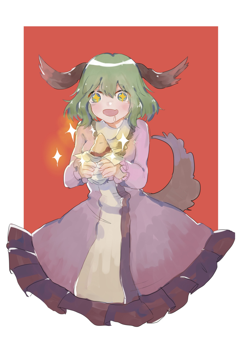 +_+ 1girl absurdres animal_ears blush dog_ears dog_tail dress drooling food green_eyes green_hair hair_between_eyes highres holding holding_food kasodani_kyouko long_sleeves open_mouth pink_dress seastar short_hair smile solo sparkle sweet_potato tail touhou