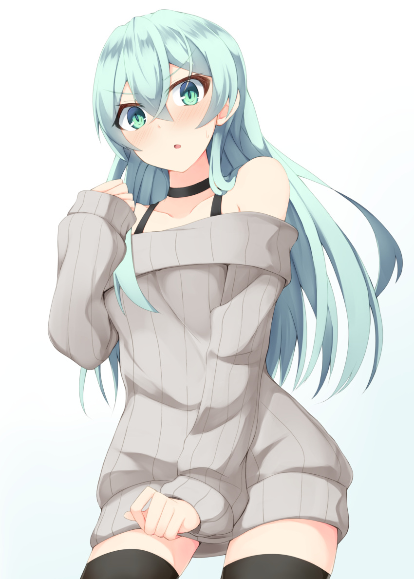 1girl absurdres aqua_eyes aqua_hair bangs black_choker black_thighhighs blush bra_strap choker cowboy_shot dress dress_tug frown grey_dress highres iwa_(kuzukiri) kuzukiri_(riezenagel) long_hair long_sleeves looking_at_viewer off-shoulder_dress off_shoulder open_mouth original ribbed_dress short_dress solo standing sweatdrop sweater sweater_dress thighhighs white_background