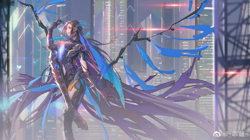 1girl arm_up armor armored_dress building closed_mouth expressionless floating full_body glowing gu_jian_qi_tan guaili hair_ornament highres leg_up long_hair scaffolding skyscraper solo wings yun_wuyue_(gu_jian_qi_tan_3)