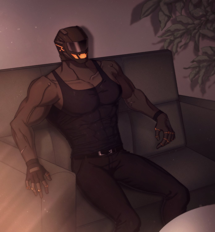 big_pecs bottomwear clothing cybernetics cyborg denim denim_clothing furniture hi_res howondubu0908 humanoid jeans machine male mask muscular muscular_male pants pecs robot scar shirt sitting sofa sunset tank_top topwear