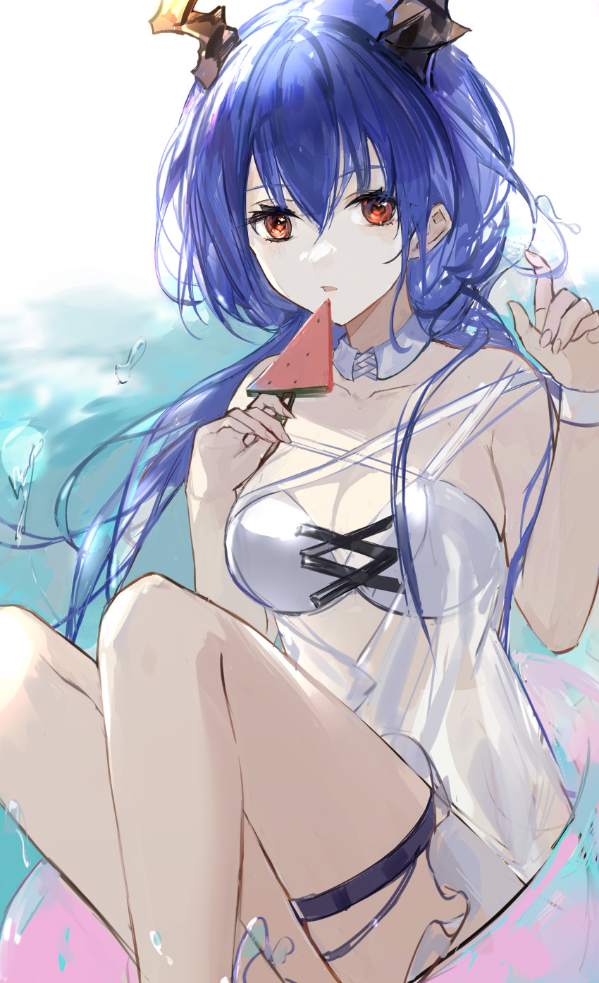 1girl absurdres alternate_costume arknights bikini blue_hair breasts ch'en_(arknights) cleavage collar criss-cross_halter detached_collar dragon_horns feet_out_of_frame food halterneck hands_up highres holding_ice_cream horns innertube long_hair low_twintails medium_breasts popsicle qianzhu simple_background sitting solo swimsuit thigh_strap twintails water watermelon_bar white_background white_bikini white_collar