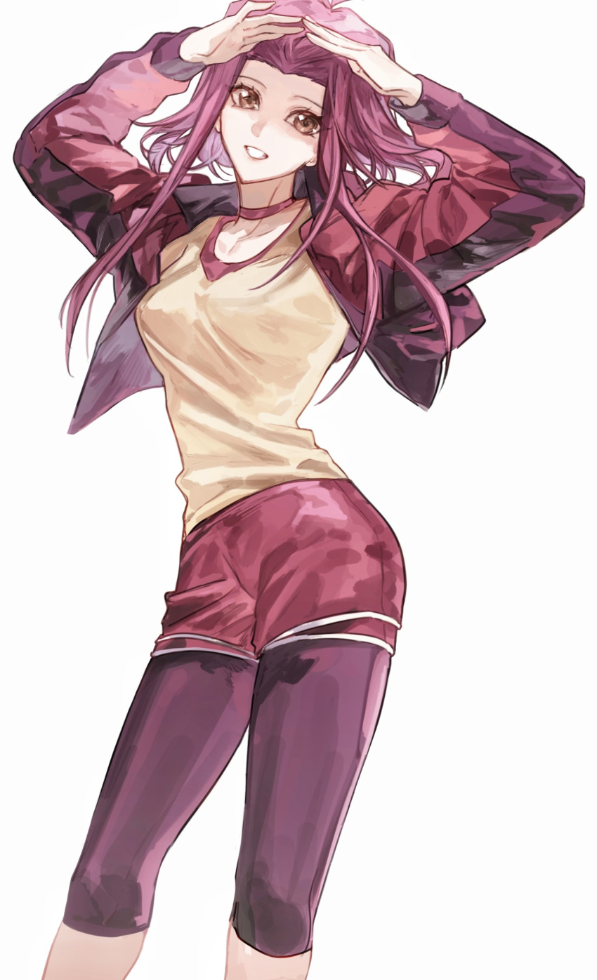 1girl absurdres arms_up brown_eyes choker collarbone floating_hair grin hair_intakes highres izayoi_aki jacket long_hair long_sleeves looking_at_viewer naoki_(2rzmcaizerails6) open_clothes open_jacket pants pants_under_shorts pink_hair purple_pants red_choker red_jacket red_shorts shiny shiny_hair shirt short_shorts shorts sidelocks simple_background smile solo standing white_background yellow_shirt yu-gi-oh! yu-gi-oh!_5d's