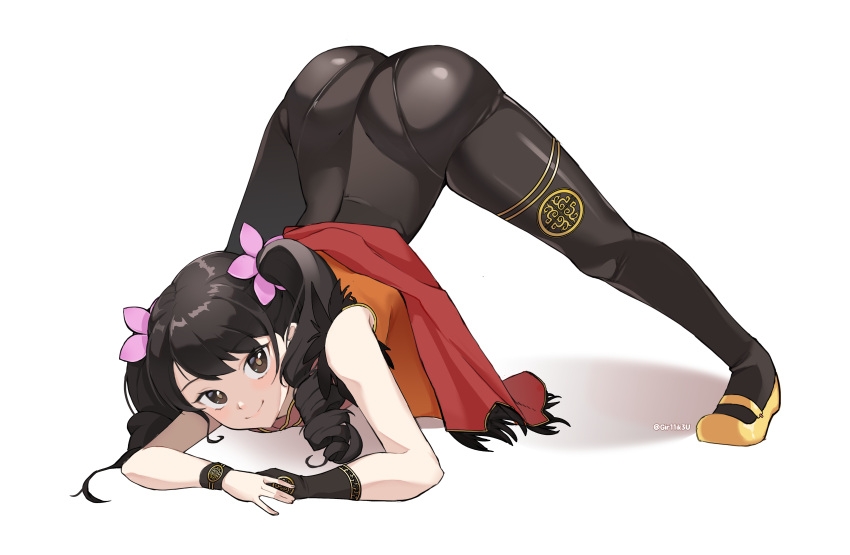 1girl absurdres ass black_hair brown_eyes closed_mouth full_body gloves hair_ornament highres jack-o'_challenge johwa_(1n33dyour1ov3) ling_xiaoyu long_hair looking_at_viewer simple_background single_glove solo tekken twintails white_background