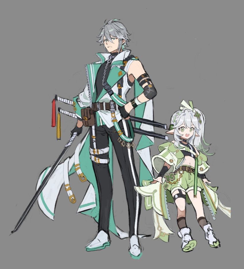 1boy 1girl al-haitham_(genshin_impact) alternate_costume bangs black_gloves black_pants black_socks chain commentary fingerless_gloves genshin_impact gloves green_eyes green_shorts grey_background grey_hair hair_between_eyes hair_ornament hand_on_hip highres holding holding_sword holding_weapon jacket long_hair nahida_(genshin_impact) open_mouth pants papajay_(jennygin2) pointy_ears ponytail pouch sheath sheathed shorts side_ponytail simple_background socks standing sword symbol-only_commentary teeth upper_teeth weapon weapon_on_back