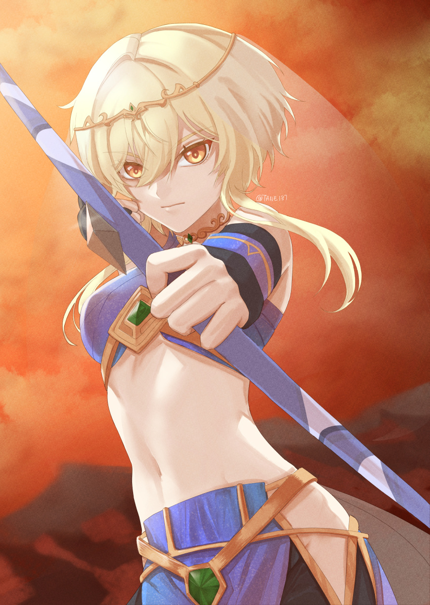 1girl absurdres aiming_at_viewer arrow_(projectile) bangs blonde_hair bow_(weapon) breasts circlet closed_mouth crop_top detached_sleeves dusk floating_hair genshin_impact hair_between_eyes highres holding holding_arrow holding_bow_(weapon) holding_weapon long_sleeves lumine_(genshin_impact) midriff navel orange_eyes outdoors red_sky short_hair_with_long_locks sidelocks sky small_breasts solo standing stomach tane1379 twitter_username veil weapon