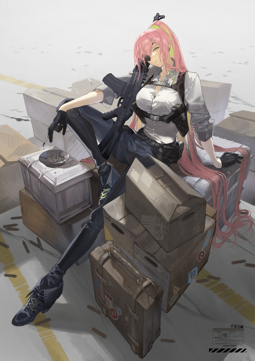 1girl absurdres ashtray assault_rifle bangs belt black_footwear black_gloves black_pants box breasts buttons cardboard_box chest_harness cigarette cleavage closed_mouth collared_shirt ear_piercing english_text eyepatch full_body gloves green_eyes gun half-closed_eye handgun harness head_tilt highres holding holding_cigarette holster kurohal large_breasts long_hair looking_at_viewer original pants partially_unbuttoned piercing pink_hair ponytail pouch rifle shirt shirt_tucked_in sidelocks sitting sleeves_pushed_up snap-fit_buckle solo suitcase very_long_hair weapon white_shirt