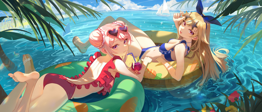 2girls :3 absurdres ass backless_swimsuit bare_arms bare_legs barefoot bikini bird black_bow black_hairband blonde_hair blue_bikini blue_ribbon bow bow_hairband breasts casual_one-piece_swimsuit cleavage closed_mouth cloud cup day double_bun drinking_straw eyewear_lift eyewear_on_head flower hair_bow hair_bun hairband heart heart-shaped_eyewear highres himehina_channel holding holding_cup innertube long_hair medium_breasts multiple_girls nail_polish ocean one-piece_swimsuit open_mouth outdoors pink_eyes pink_hair red-framed_eyewear red_flower red_one-piece_swimsuit ribbon shiny shiny_hair shoulder_blades side-tie_bikini soles sparkle star-shaped_eyewear suzuki_hina swimsuit tanaka_hime toenail_polish toenails very_long_hair virtual_youtuber yellow_flower z.boat