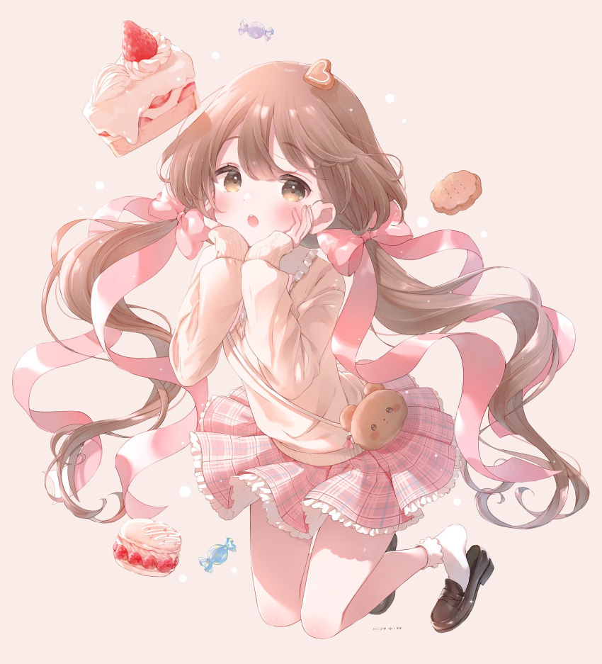 1girl bag black_footwear blush bow brown_background brown_bag brown_eyes brown_hair cake cake_slice candy candy_wrapper cookie food frilled_skirt frills fruit hair_between_eyes handbag hands_on_own_cheeks hands_on_own_face heart highres icing long_hair m_ydayo open_mouth original pastry pink_bow pink_ribbon pink_skirt plaid plaid_skirt ribbon signature simple_background skirt sleeves_past_wrists socks solo strawberry strawberry_shortcake teeth tongue twintails upper_teeth very_long_hair white_socks