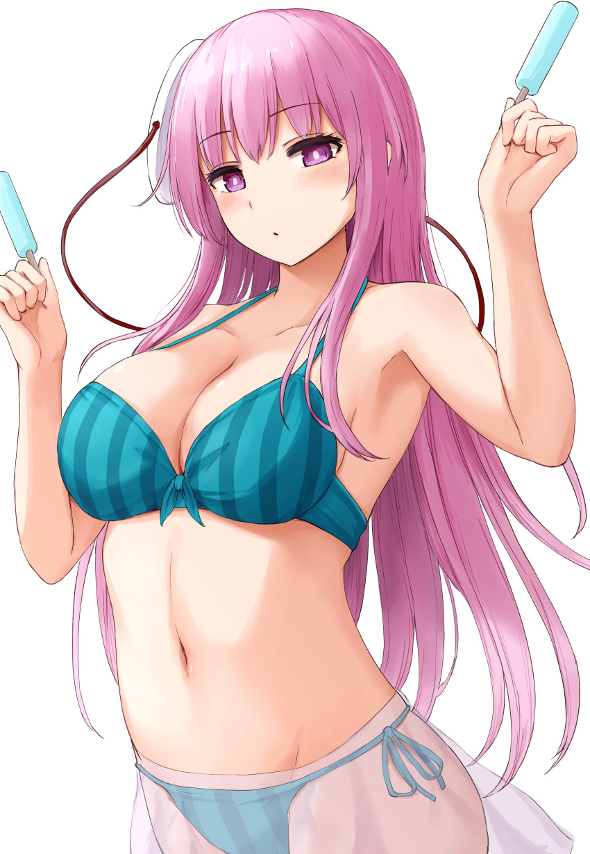 1girl absurdres aqua_bikini bare_arms bare_shoulders bikini blush breasts cleavage collarbone food groin hata_no_kokoro highres holding holding_food large_breasts long_hair mask mask_on_head navel parted_lips pink_eyes pink_hair popsicle simple_background solo striped striped_bikini swimsuit techi_(techi35499) touhou upper_body vertical-striped_bikini vertical_stripes white_background