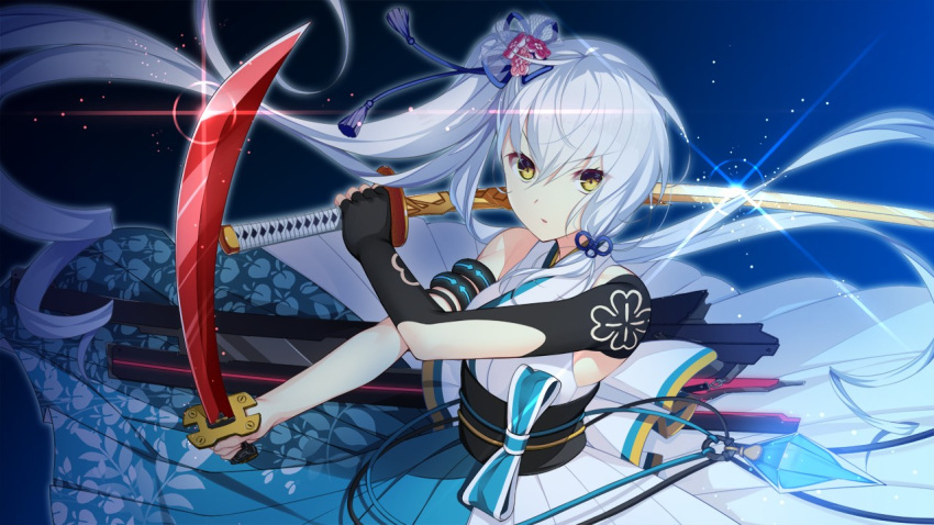 1girl asymmetrical_gloves bangs black_gloves blue_hakama blue_ribbon dual_wielding elbow_cutout elbow_gloves fingerless_gloves floating_hair game_cg gloves hair_between_eyes hair_ribbon hakama holding holding_sword holding_weapon honda_tamanosuke japanese_clothes katana kimono kizuna_kirameku_koi_iroha long_hair looking_at_viewer print_hakama ribbon sheath shiny shiny_hair side_ponytail single_glove sleeveless sleeveless_kimono solo standing suzakuin_tsubaki sword two-tone_hakama v-shaped_eyebrows very_long_hair weapon white_hair white_hakama white_kimono yellow_eyes