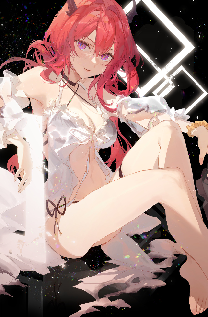1girl arknights bangs bare_legs bare_shoulders bikini black_bikini blush breasts burnt_clothes cleavage commentary criss-cross_halter detached_sleeves halterneck highres horns kuroduki_(pieat) light_smile long_hair looking_at_viewer official_alternate_costume purple_eyes red_hair see-through slit_pupils solo stomach surtr_(arknights) surtr_(colorful_wonderland)_(arknights) swimsuit wrist_cuffs