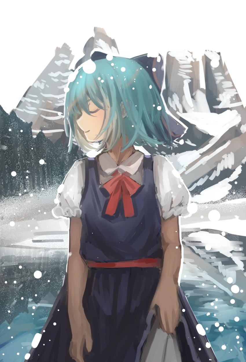 1girl absurdres blue_bow blue_dress blue_hair bow cirno closed_eyes closed_mouth collared_shirt dress fairy hair_bow highres ice ice_wings shirt short_hair short_sleeves sly930105 smile solo touhou upper_body white_shirt wings