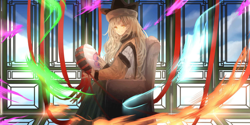 1girl black_headwear blonde_hair chair closed_mouth drum from_side green_skirt hat highres holding holding_instrument instrument light_smile long_hair looking_at_viewer matara_okina orange_sleeves shirt sitting skirt sly930105 solo tabard touhou tsuzumi white_shirt wide_sleeves yellow_eyes