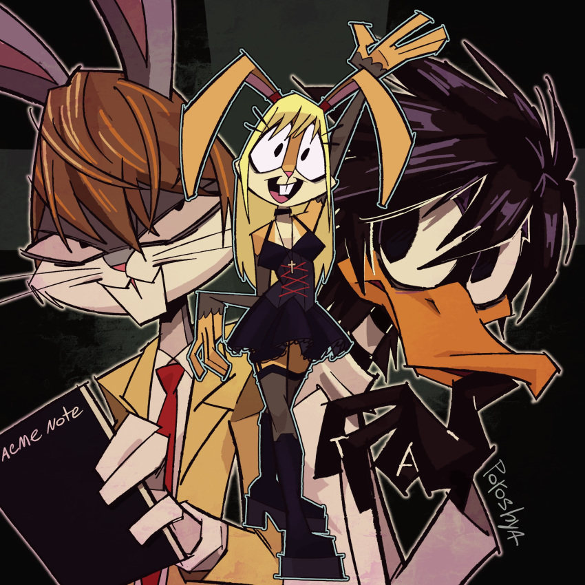 amane_misa amane_misa_(cosplay) animal_ears bird black_background black_dress black_footwear black_hair blonde_hair boots brown_hair bugs_bunny cosplay cross daffy_duck death_note death_note_(object) dress duck highres l_(death_note) l_(death_note)_(cosplay) lola_bunny lolita_fashion looney_tunes necktie poroshya rabbit rabbit_ears simple_background teeth yagami_light yagami_light_(cosplay)