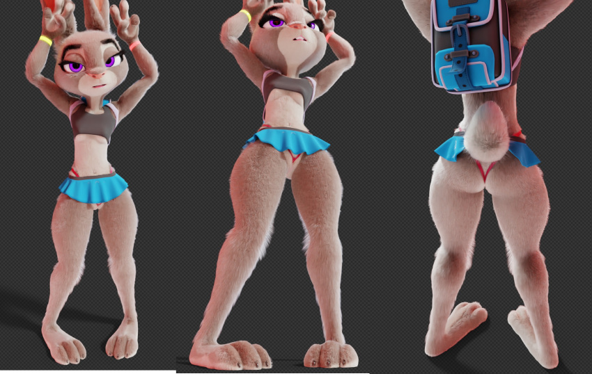 3_toes 3d_(artwork) 4_fingers anthro backpack bottomwear breasts butt clothing digital_media_(artwork) disney eyebrows eyelashes feet female fingers fur genitals gesture hi_res judy_hopps lagomorph leporid looking_at_viewer mammal miniskirt multicolored_body open_mouth pochemu purple_eyes pussy rabbit rear_view shirt simple_background skirt small_breasts solo tank_top thong tight_clothing toes topwear two_tone_body underwear v_sign wristband zootopia