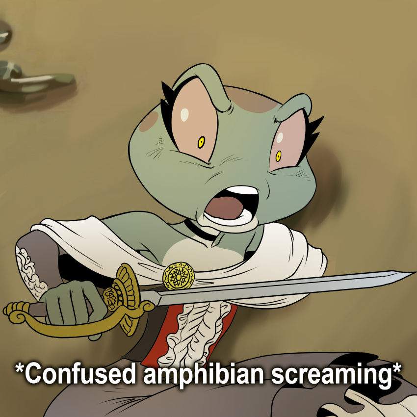 amphibian amputee angry anthro bare_shoulders beatriz_overseer beatriz_resont captions chochi choker clothing disability dress female filthy_frank flat_chested frilly frilly_clothing frog hi_res jewelry melee_weapon meme necklace one_arm open_mouth pink_sclera screaming solo sword weapon yellow_eyes