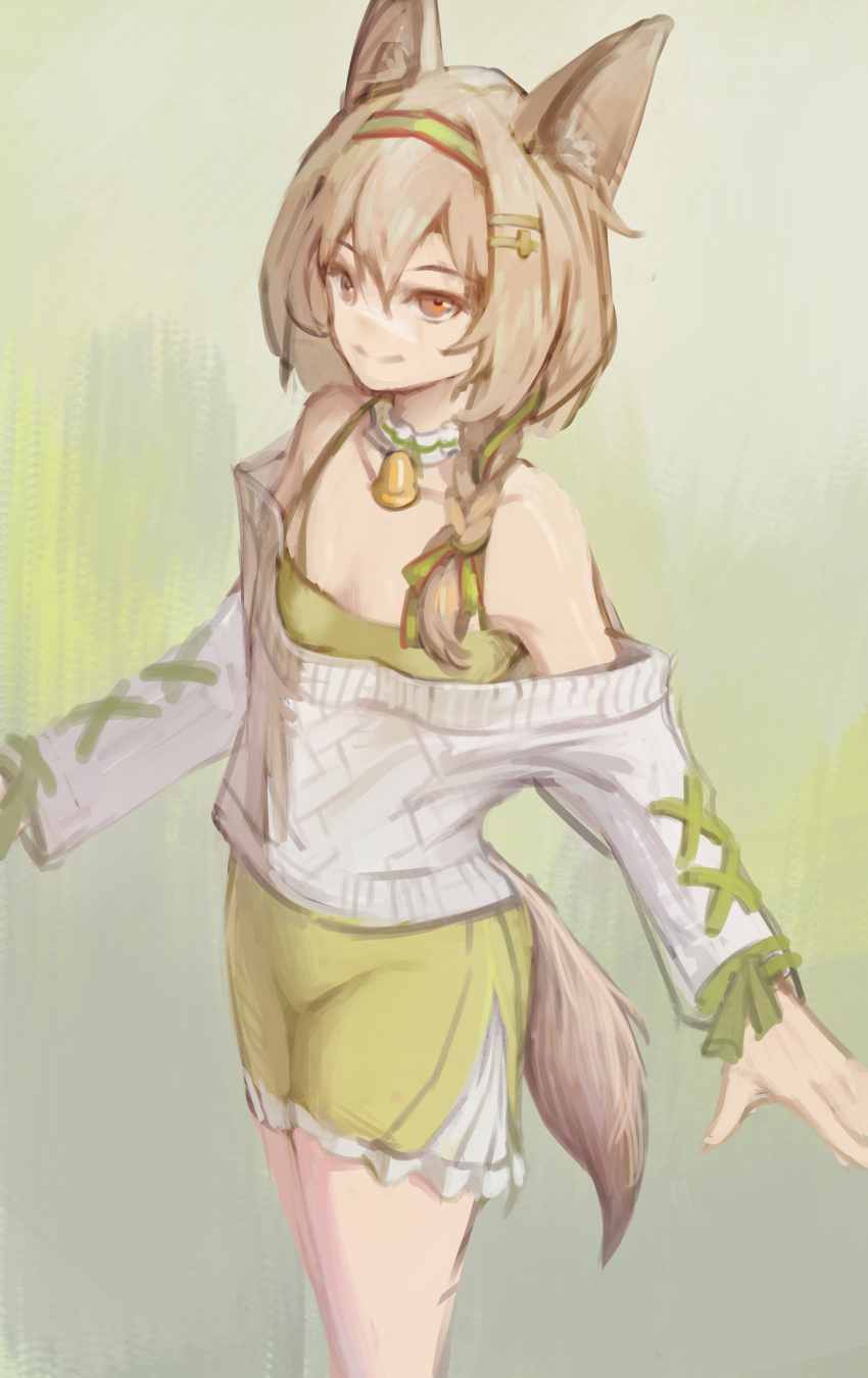 1girl absurdres arknights beanstalk_(arknights) beanstalk_(gift_uncompleted)_(arknights) bell braid brown_hair collar cowboy_shot dress frilled_collar frills green_background green_dress green_hairband hair_between_eyes hair_ornament hairband hairclip highres hyena_ears hyena_girl hyena_tail long_hair long_sleeves looking_at_viewer neck_bell off-shoulder_sweater off_shoulder official_alternate_costume red_eyes simple_background smile solo standing striped striped_hairband sweater white_collar white_sweater yml_(shu_226717)