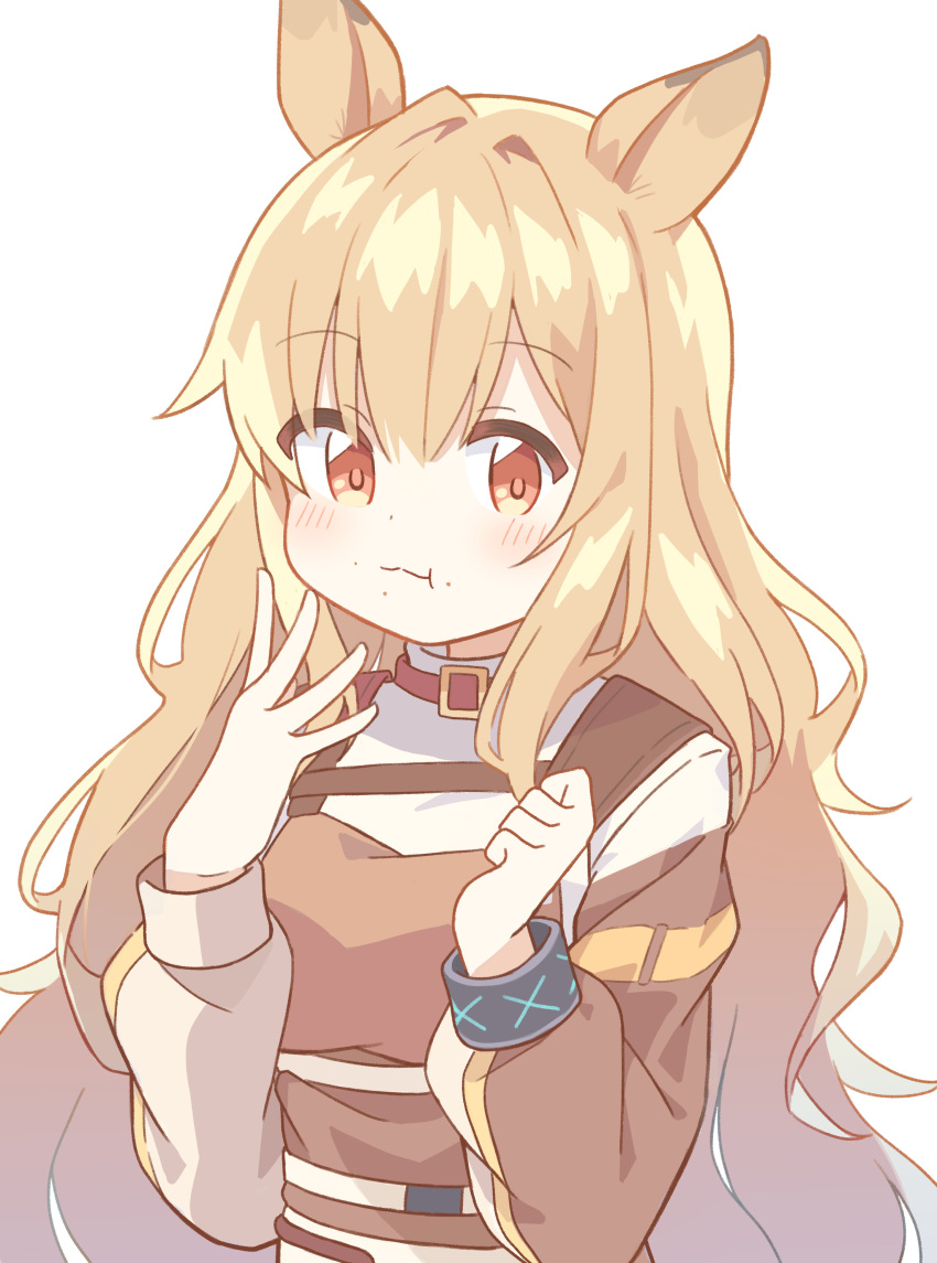 1girl :t absurdres animal_ears arknights bangs blonde_hair brown_dress brown_eyes ceobe_(arknights) closed_mouth dog_ears dress eating hair_between_eyes hands_up highres long_hair long_sleeves looking_at_viewer puffy_long_sleeves puffy_sleeves ryoku_sui shirt simple_background solo upper_body very_long_hair white_background white_shirt