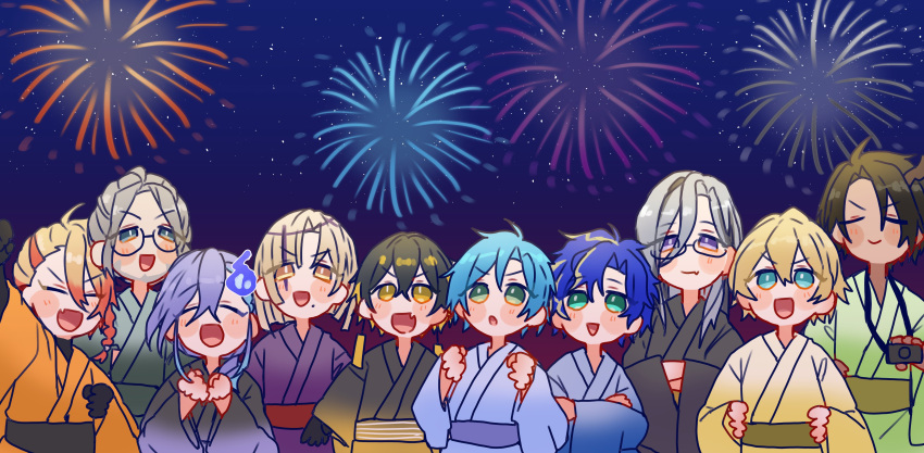 6+boys :d :o ^_^ absurdres aerial_fireworks alternate_costume aqua_eyes aragami_oga arm_up arurandeisu astel_leda axel_syrios bangs beard black_gloves black_hair black_kimono black_shirt blonde_hair blue_eyes blue_hair blue_kimono braid bright_pupils camera clenched_hands closed_eyes crossed_arms crossed_bangs curtained_hair dark-skinned_male dark_skin earrings facial_hair fang fireworks glasses gloves gradient_kimono green_eyes green_kimono grey_hair hair_between_eyes hands_in_opposite_sleeves highres hitodama holding holding_camera holostars holostars_english horns japanese_clothes jewelry kimono kishido_temma long_hair looking_up low_ponytail magni_dezmond male_focus minase_rio mole mole_under_mouth multicolored_hair multiple_boys night noir_vesper official_alternate_hairstyle orange_kimono parted_bangs purple_eyes purple_hair purple_kimono red_hair regis_altare shirt short_hair side_braid single_horn skin_fang smile streaked_hair turtleneck upper_body virtual_youtuber white_pupils yatogami_fuma yellow_eyes yellow_kimono yonyo_(kskr0711) yukata